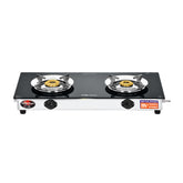 Surya Flame LPG 2 Burner Efficient Glass Gas Stove Manual Ignition Brass Burners & Steel Pan Support With 5 Years Warranty